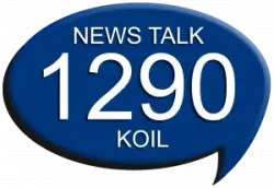 Blue speech bubble logo with white text News Talk 1290 KOIL radio station branding
