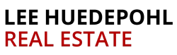Real estate text in bold red and black with a house roof silhouette icon above the words.