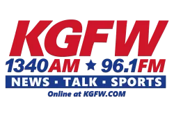 KGFW radio station logo featuring 1340 AM and 96.1 FM frequencies with news talk sports tagline