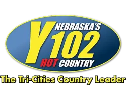 Nebraska's Y102 Hot Country radio logo with blue oval and tagline The Tri-Cities Country Leader in yellow text.
