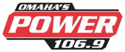 Omaha's Power 106.9 radio station logo in red, white, and black colors with bold lettering.
