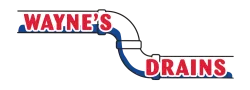 Wayne's Drains logo featuring red text over a blue and black pipe graphic.