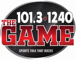 Logo of The Game radio station with frequencies 101.3 and 1240, tagline Sports Talk That Rocks.