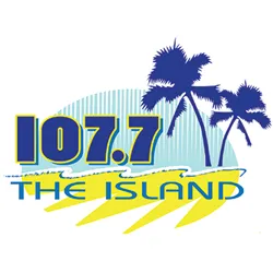 107.7 The Island radio station logo with palm trees and tropical wave design.