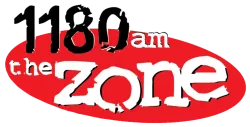 1180 AM the Zone radio station logo with bold black and white text on a red oval background