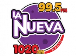 Logo of La Nueva radio station with frequencies 99.5 FM and 1020 AM in purple, red, yellow, and white colors.
