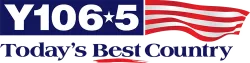Y106.5 radio station logo with blue text and red and white waving flag, slogan Today's Best Country below.