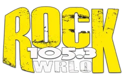 Rock 105.3 WRLO radio station logo with bold yellow and white distressed text on black background.