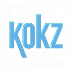 Radio station 105.7 KOKZ logo with blue letters and tagline Iowa's Classic Hits on black background