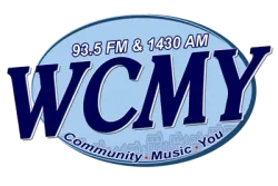 Logo of WCMY radio station with frequencies 93.5 FM and 1430 AM and tagline Community Music You.
