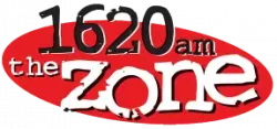 1620 AM The Zone radio station logo with red oval background and bold black and white text