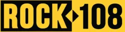 Rock 108 logo with bold black and yellow color scheme for radio station branding