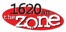 1620 AM The Zone radio station logo with red oval background and black and white text.
