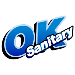 Blue gradient OK Sanitary logo with bold white text outlined in black and blue on a white background.
