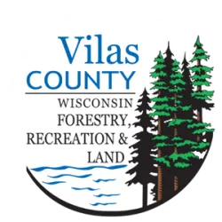 Vilas County Wisconsin Forestry, Recreation, and Land logo with trees and water elements in a circular design