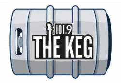 Logo of 101.9 The Keg with stylized guitar on a silver beer keg background