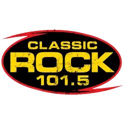 Classic Rock 101.5 radio station logo with yellow text on black oval and red brush stroke border
