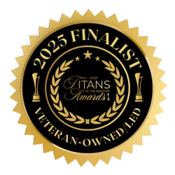 Gold and black 2025 Finalist seal for Veteran-Owned/LED MSP Titans of the Industry Awards.