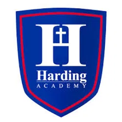 Blue shield logo with a white letter H and cross, red border, and Harding Academy text below.