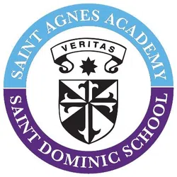 Saint Agnes Academy and Saint Dominic School logo featuring a black and white shield with a cross and star, with Veritas