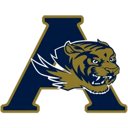 Navy blue letter A outlined in gold with a fierce golden tiger head snarling through it.