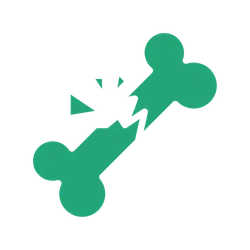 Green broken bone icon with visual cracks indicating fracture or break on transparent background.