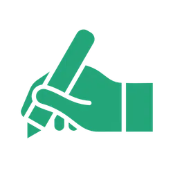 Green icon of a hand holding a pen ready to write on black background