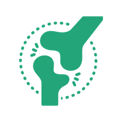 Green stylized illustration of two bones forming a joint with a dotted circle around them.