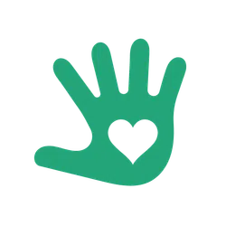 Green handprint with a heart shape cutout in the center on a black background symbolizing care and kindness.