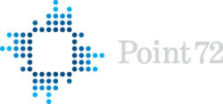 Point72 logo featuring a blue pixelated geometric star design with company name in gray text.