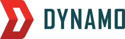 Red angular D-shaped logo next to bold teal Dynamo text on a transparent background