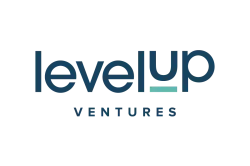 Levelup Ventures logo with blue and teal stylized text on a white background