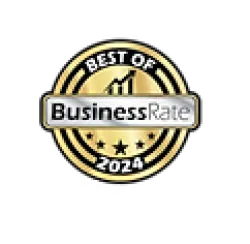 Best of Business Rate 2024 gold award badge with upward graph and stars on black background