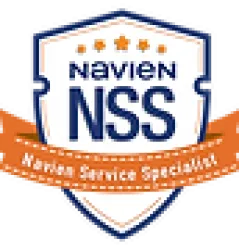 Navien NSS badge showing Navy Service Specialist with four orange stars and ribbon on shield background