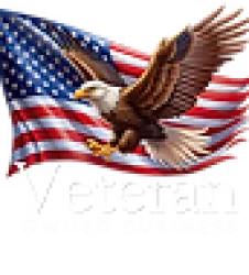 Bald eagle flying in front of waving American flag with text Veteran Owned Business.