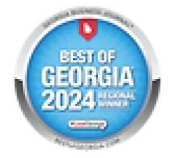 Best of Georgia 2024 award badge with blue center and silver rim featuring medical society logo.