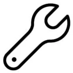 Black and white simple wrench icon with open-ended head and circular hole in handle on white background