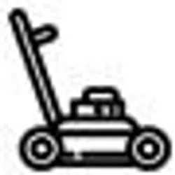 Black and white line drawing of a lawn mower with handle and wheels.