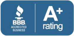 BBB accredited business logo with A+ rating on blue background