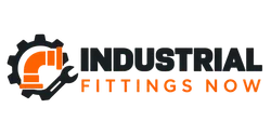 Industrial Fittings Now logo with gear, pipe elbow, and wrench icons in black and orange.