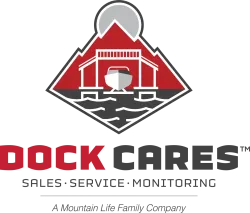Logo of Dock Cares featuring a boat in a covered dock with mountains and sun, highlighting sales, service, and monitoring.