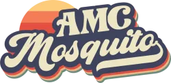 Retro style AMC Mosquito logo with layered shadows and a sunset-colored background circle.