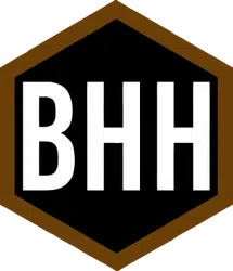 BHH white text logo inside a black hexagon with a brown border on transparent background