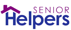 Senior Helpers logo with purple house icon integrated into blue text for senior care services.