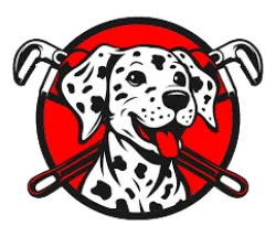 A playful Dalmatian dog wearing a red background, with golf clubs crossed behind its head, promoting a fun golf theme.