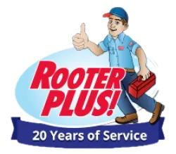 Rooter Plus logo featuring a handyman with toolbox, celebrating 20 years of service.