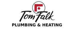 Tom Falk Plumbing & Heating logo featuring a red square and dot above stylized text on a transparent background
