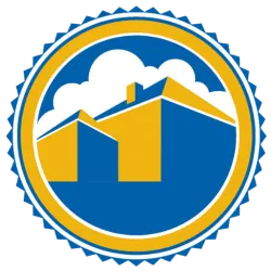 Circular emblem with stylized yellow and blue house shapes inside against a white cloud background