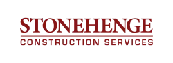 Stonehenge Construction Services logo with red text on transparent background