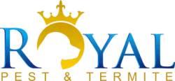 Royal Pest & Termite logo with a gold crown and dog silhouette integrated into blue lettering.